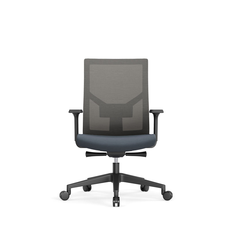 Ergonomische bureaustoel OFI ONE met grijze mesh rugleuning en verstelbare armleuningen. - Bureaustoel OFI ONE – Ergonomisch NEN-EN 1336 - Office Furniture Interior