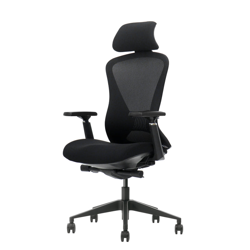 Ergonomische zwarte bureaustoel met verstelbare armleuningen en hoofdbeschermer. - Bureaustoel OFI ELITE – Ergonomisch NEN-EN 1335 - Office Furniture Interior