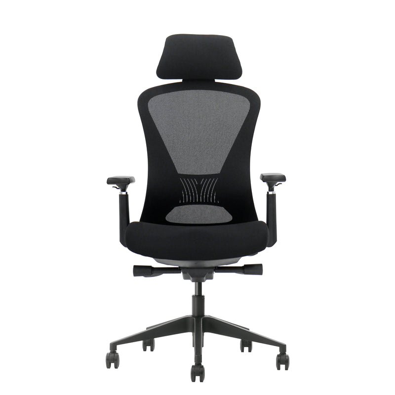 Ergonomische zwarte bureaustoel met verstelbare hoofdsteun en armleuningen, ademende mesh rugleuning. - Bureaustoel OFI ELITE – Ergonomisch NEN-EN 1335 - Office Furniture Interior