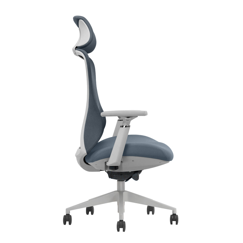 Ergonomische bureaustoel met grijze bekleding, verstelbare armleuningen en hoofsteun, NEN-EN 1335 keurmerk. - Bureaustoel OFI ELITE – Ergonomisch NEN-EN 1335 - Office Furniture Interior
