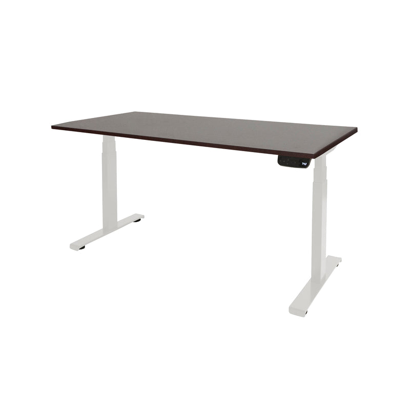 Ergonomisch elektrisch zit-sta bureau met wit onderstel en donker houten blad. - Elektrisch Zit-Sta Bureau OFI DYNAMO – NPR 1813 & Ergonomisch - Office Furniture Interior