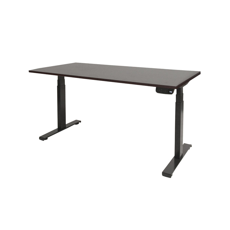Ergonomisch elektrisch zit-sta bureau met zwart frame en donker houten blad in Robson oak stijl. - Elektrisch Zit-Sta Bureau OFI DYNAMO – NPR 1813 & Ergonomisch - Office Furniture Interior