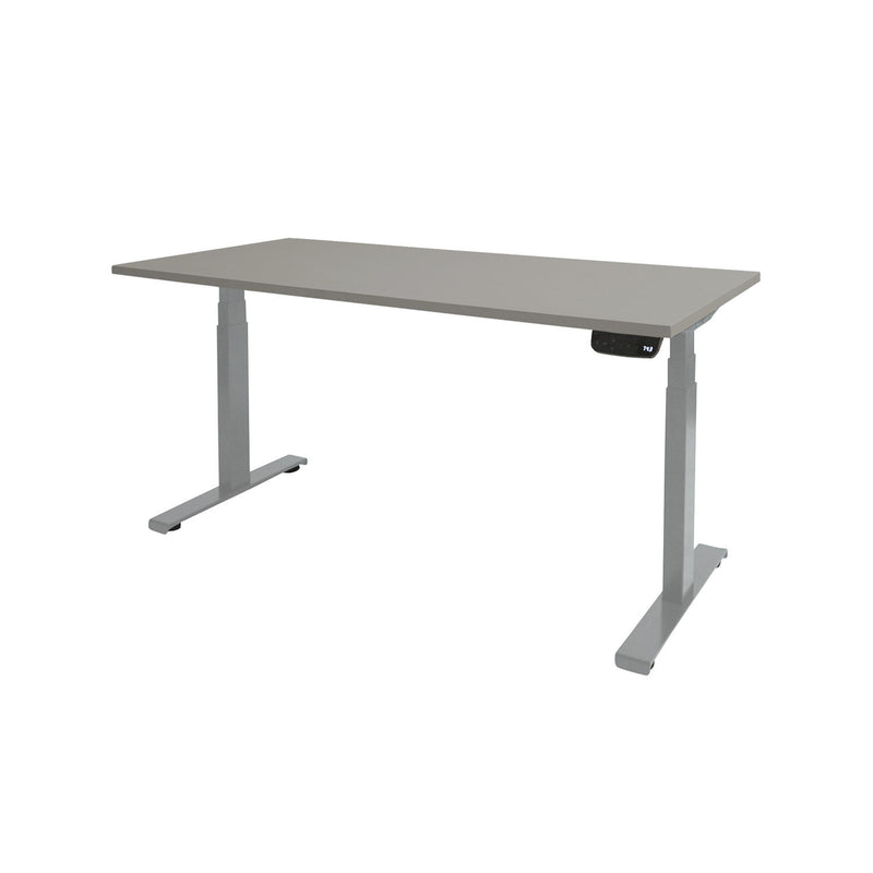 Ergonomisch elektrisch zit-sta bureau met lichtgrijs tafelblad en witte metalen poten. - Elektrisch Zit-Sta Bureau OFI DYNAMO – NPR 1813 & Ergonomisch - Office Furniture Interior
