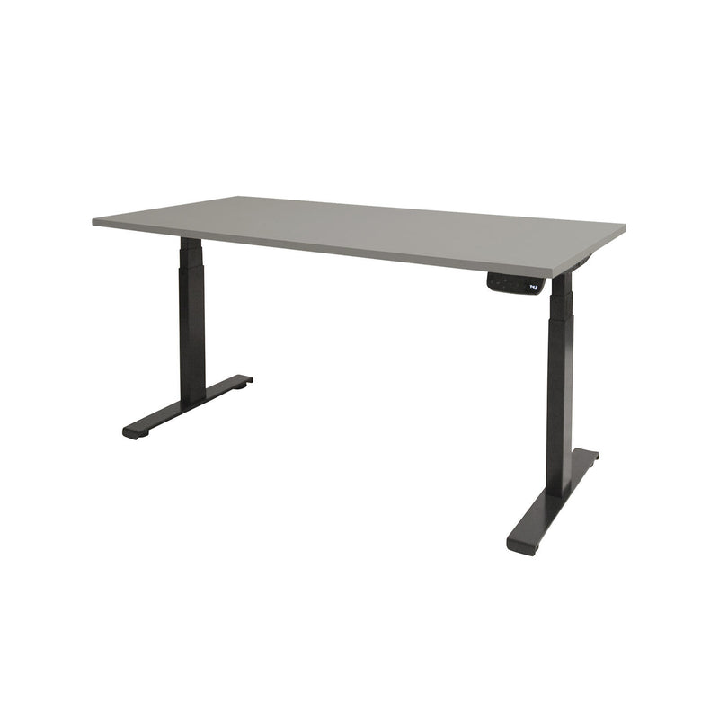 Ergonomisch elektrisch zit-sta bureau met zwart metalen frame en lichtgrijs tafelblad. - Elektrisch Zit-Sta Bureau OFI DYNAMO – NPR 1813 & Ergonomisch - Office Furniture Interior