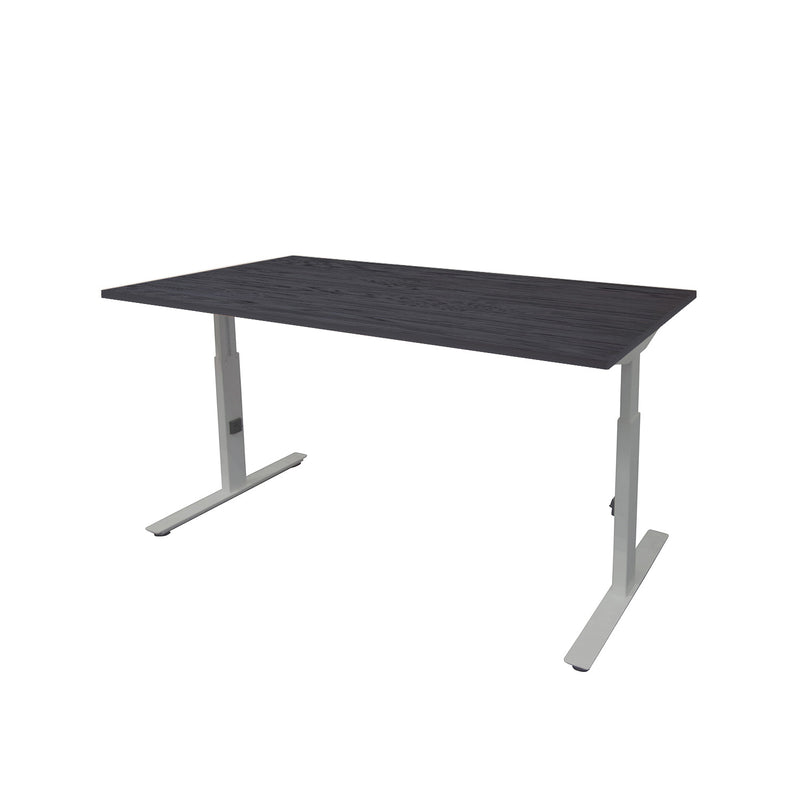 Ergonomisch verstelbaar bureau met zwart houten blad en grijs metalen frame, modern design. - Verstelbaar Bureau OFI CORE – Ergonomisch - Office Furniture Interior