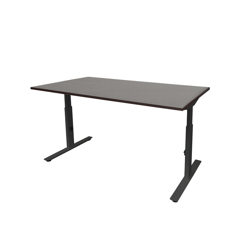 Ergonomisch verstelbaar bureau met zwart metalen frame en donker tafelblad in moderne stijl. - Verstelbaar Bureau OFI CORE – Ergonomisch - Office Furniture Interior