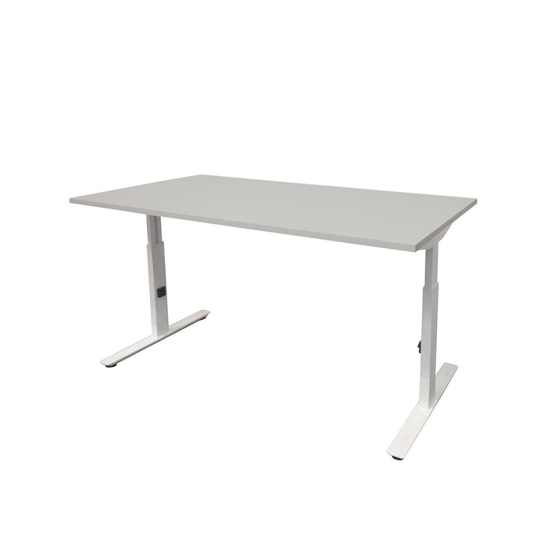Verstelbaar ergonomisch bureau met lichtgrijs blad en wit onderstel, strak design. - Verstelbaar Bureau OFI CORE – Ergonomisch - Office Furniture Interior