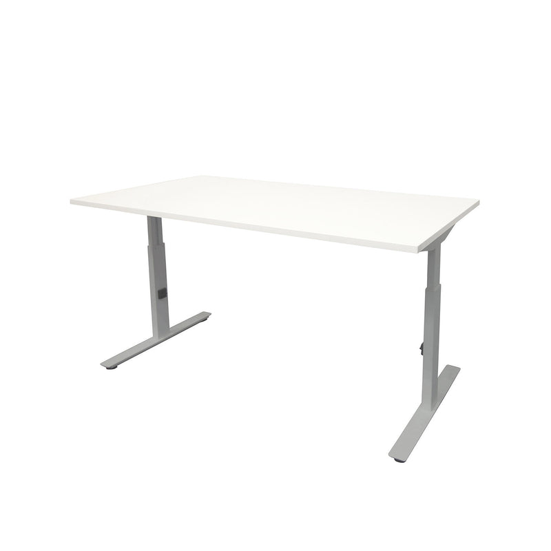 Ergonomisch verstelbaar bureau met wit tafelblad en grijze metalen poten, modern design. - Verstelbaar Bureau OFI CORE – Ergonomisch - Office Furniture Interior