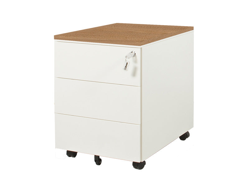 Wit ergonomisch ladeblok met drie laden en houten bovenblad op wieltjes. - Ladeblok Verrijdbaar (Vierkant) OFI CUBE - Office Furniture Interior