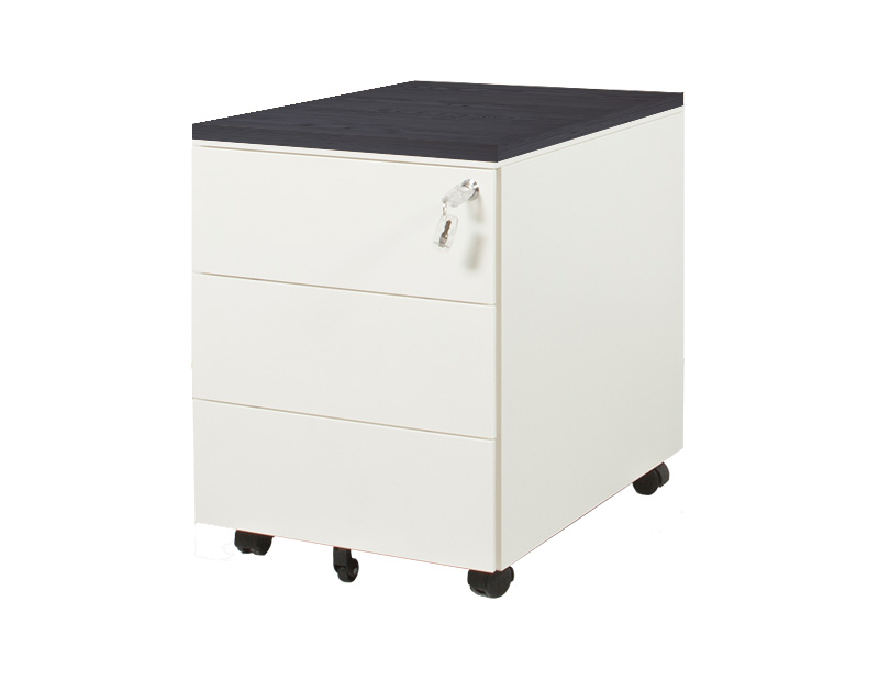 Ergonomisch verrijdbaar ladeblok met drie witte lades en zwart blad, op wieltjes. - Ladeblok Verrijdbaar (Vierkant) OFI CUBE - Office Furniture Interior